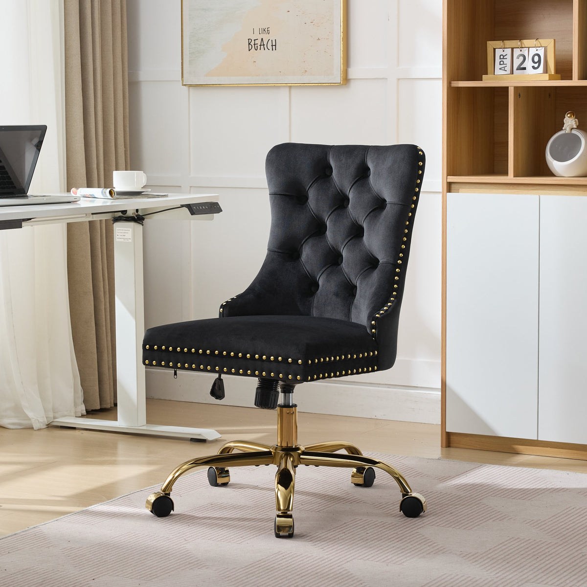A&A Furniture Office Chair,Modern Velvet Upholstered Tufted Button Home Office Chair With Golden Metal Base,Adjustable Desk Chair Swivel Office Chair Black