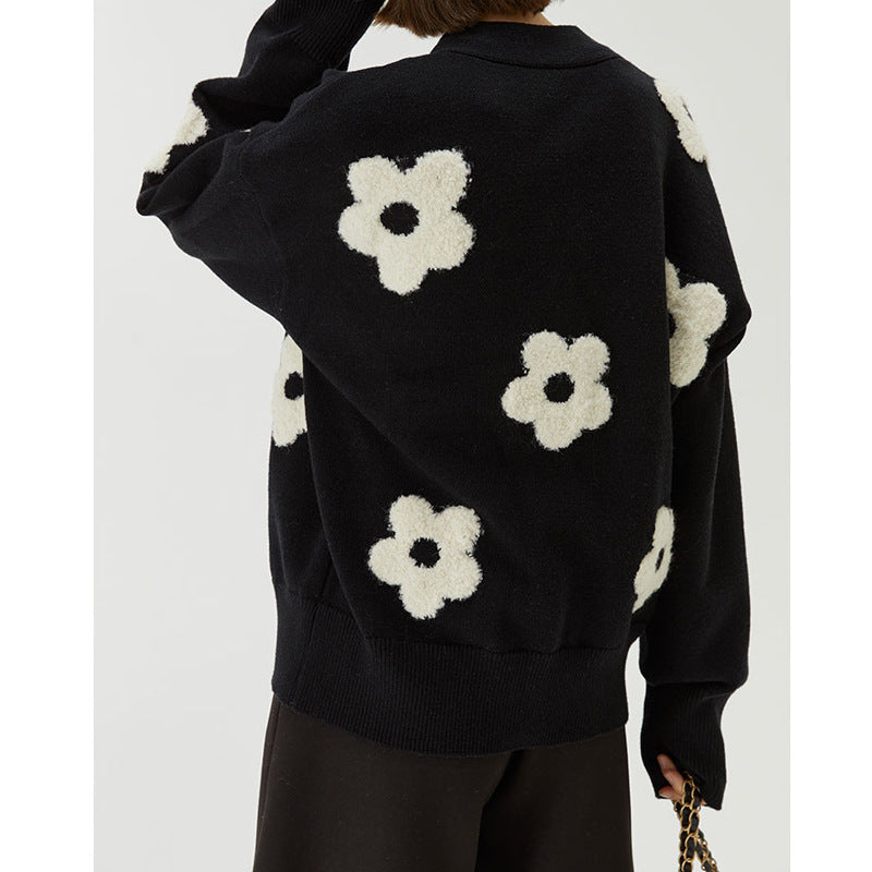 Women's V-neck Three-dimensional Applique Thin Floral Knitwear Jacket