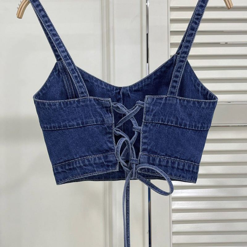 Denim Outer Wear Small Sling Vest Korean Style Sense Of Design Cross Strap