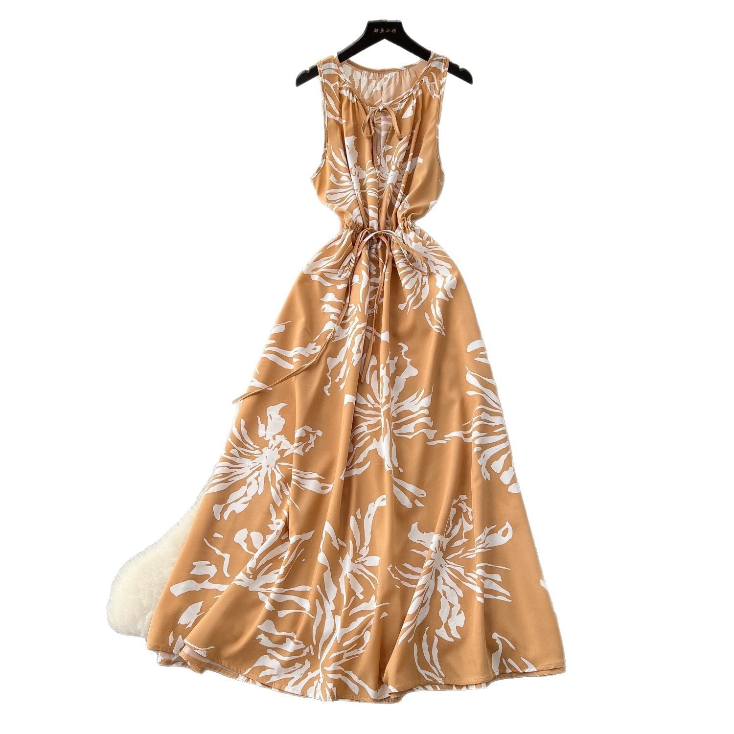 Retro Crew-neck Lace-up Sleeveless Printed Dress