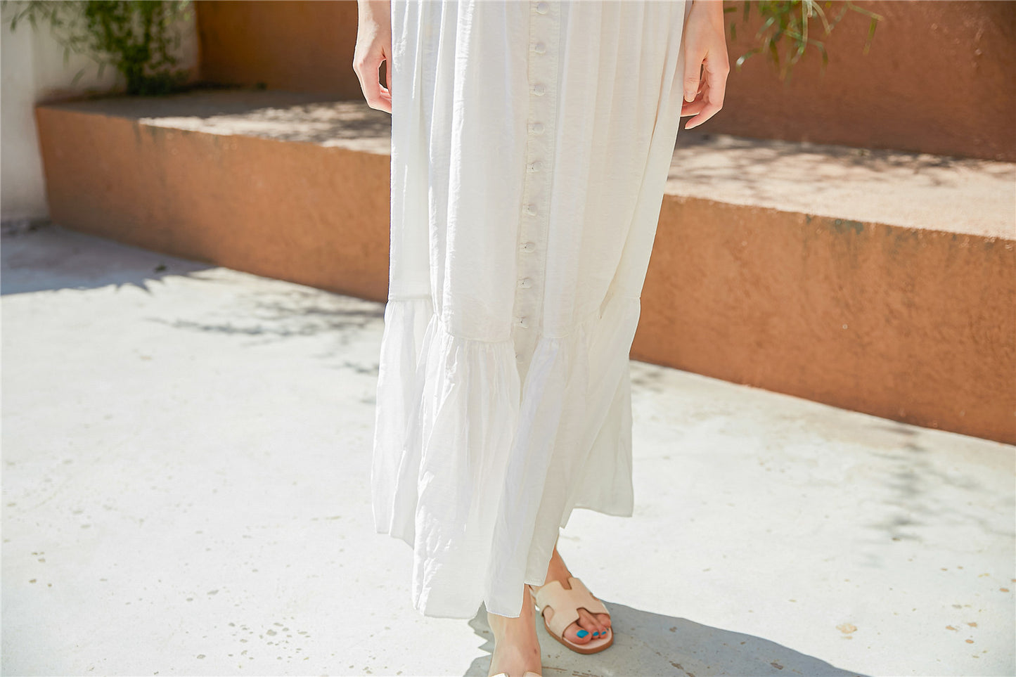 Robe longue à col carré et manches bouffantes pour femme