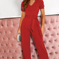 Summer New Temperament Bandage Fitted Waist Jumpsuit Solid Color And V-neck Short Sleeve