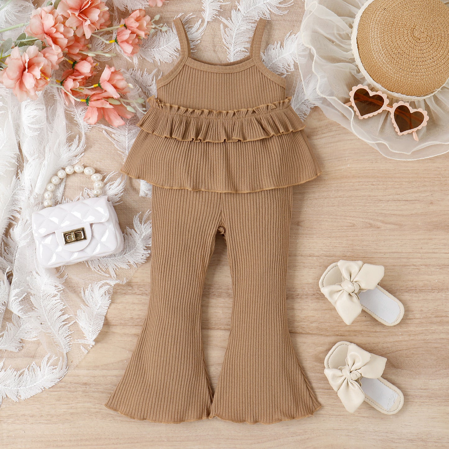 Vêtements pour enfants printemps-été pour jeunes et petites filles, chemisier à col en dentelle, pantalon à rayures enfoncées en corne, costume deux pièces