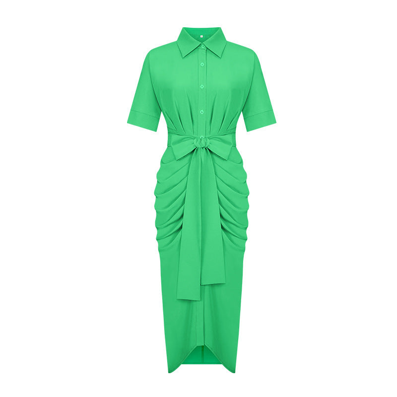 Robe pour femme, nouvelle robe élégante à col polo, mi-longue, manches courtes, simple boutonnage, taille haute