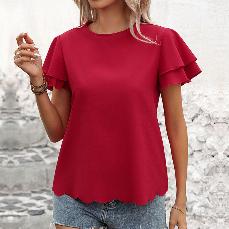 Women's Double-layer Ruffle Sleeve Solid Color Top