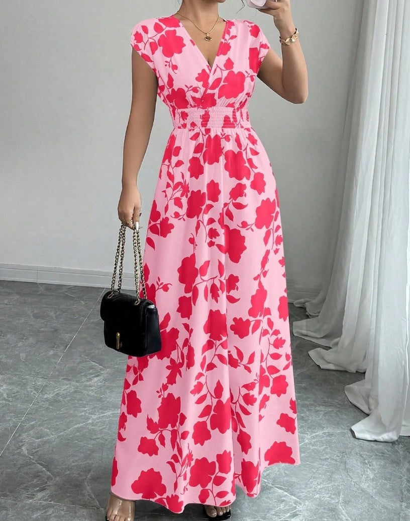 Short Sleeve Lace-up Dress Printed V-neck