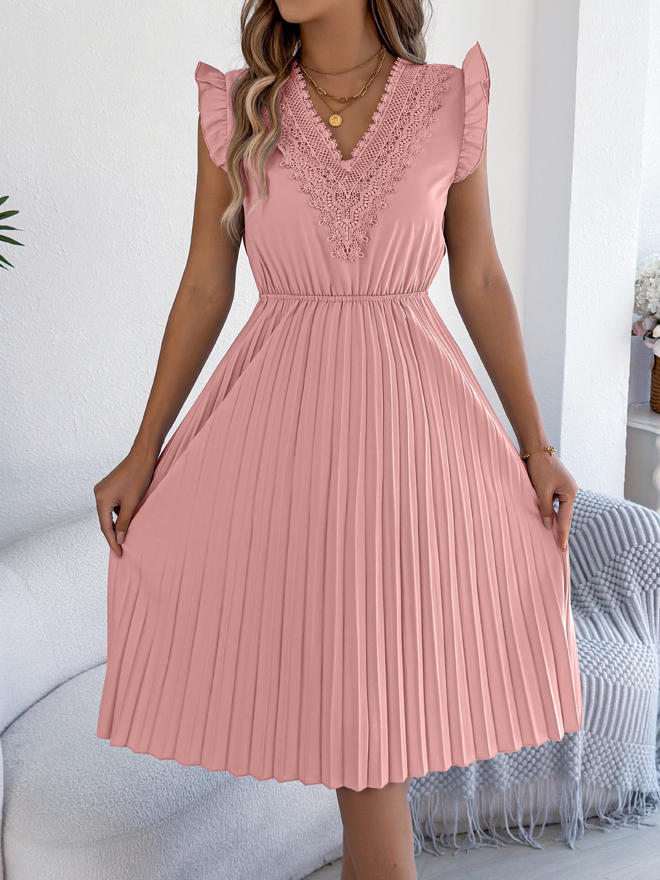 Casual Lace V-neck Ruffled-waist Pleated Dress