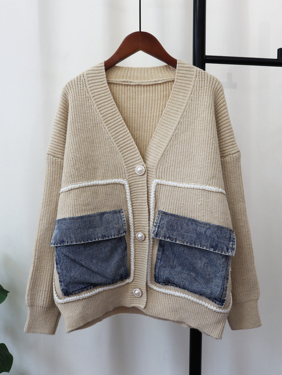 Denim Pocket Knitted Cardigan Loose Design Temperament Versatile Sweater Coat