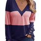 Color Block Stitching Fastener Decoration Casual V-neck Top