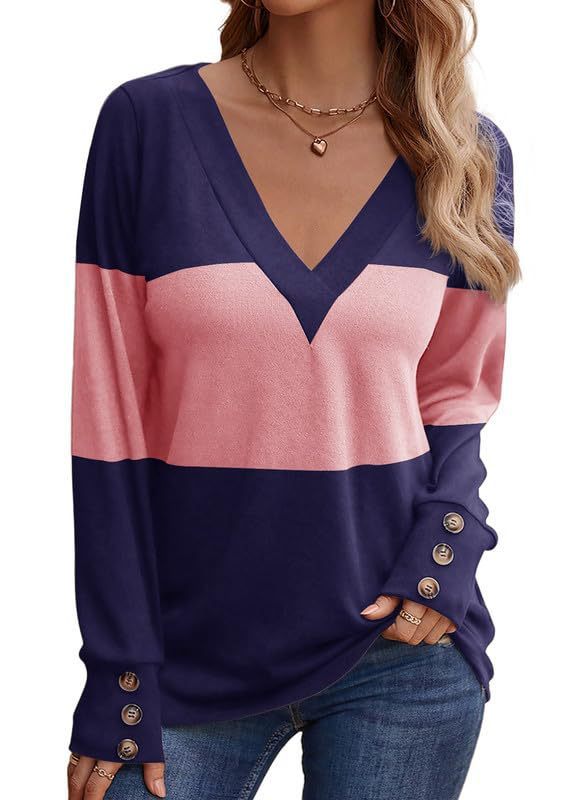 Color Block Stitching Fastener Decoration Casual V-neck Top