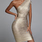 Nouvelle robe bandage, robe une pièce, épaules obliques, dorée, élégante, mode, style européen et américain, offre spéciale