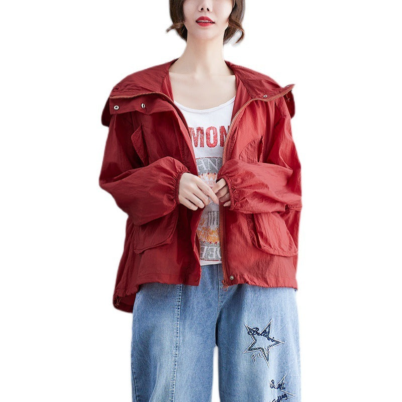 Pure Color Patch Pockets Loose Long-Sleeved Hooded Casual Thin Breathable Sun Protection Clothing