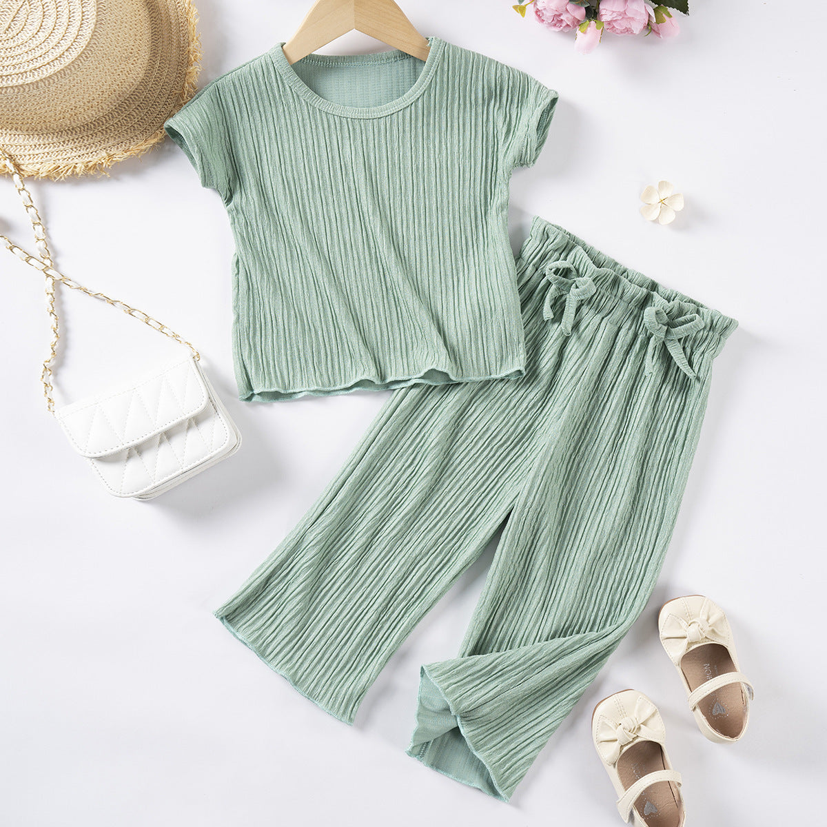 Girls Casual Style Solid Color Short Sleeve Trousers Suit