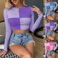 Women's Colorblock Checkered Pullover Irregular Long Sleeve Bottoming Shirt