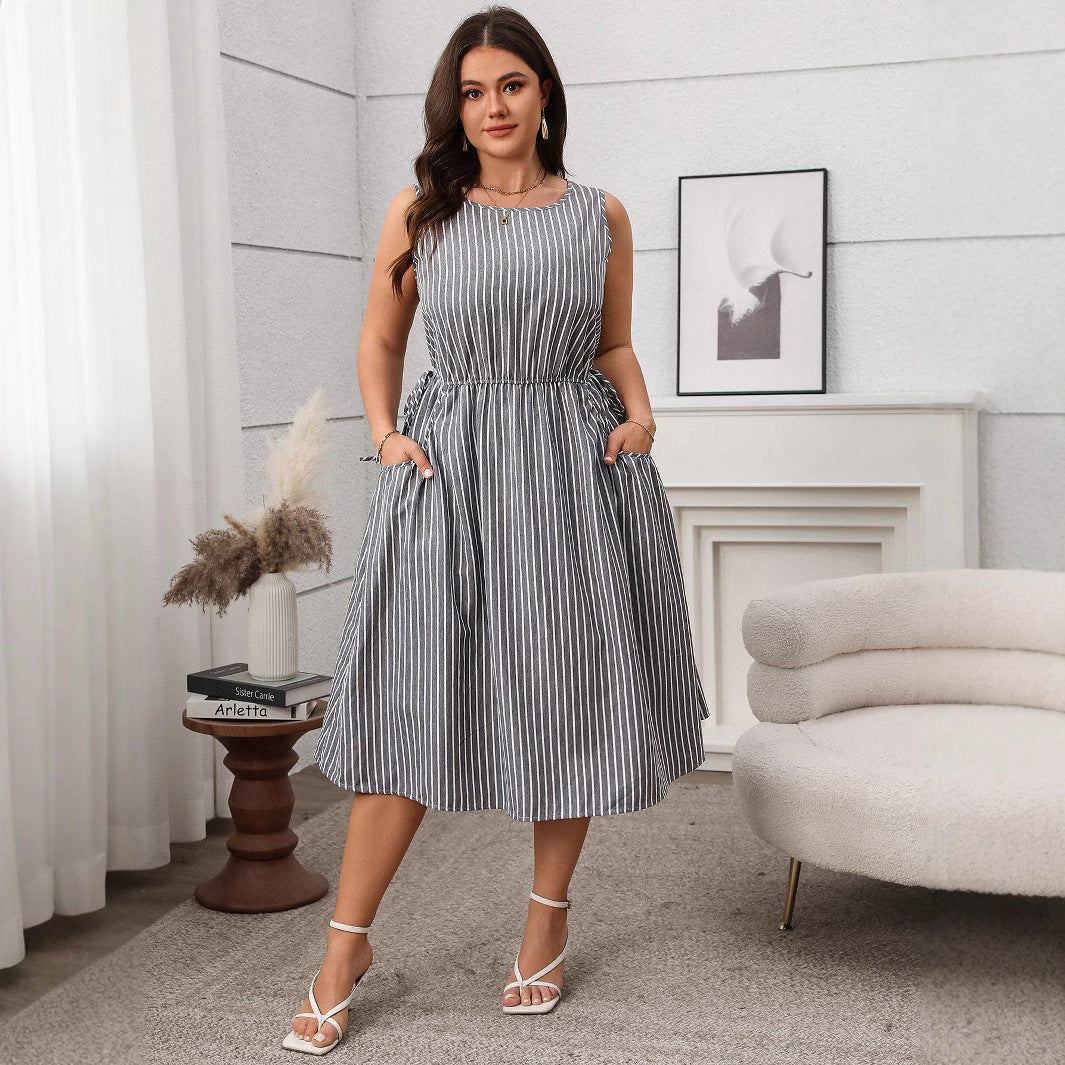 Contrast Color Striped Sleeveless Pocket Fashion Dress