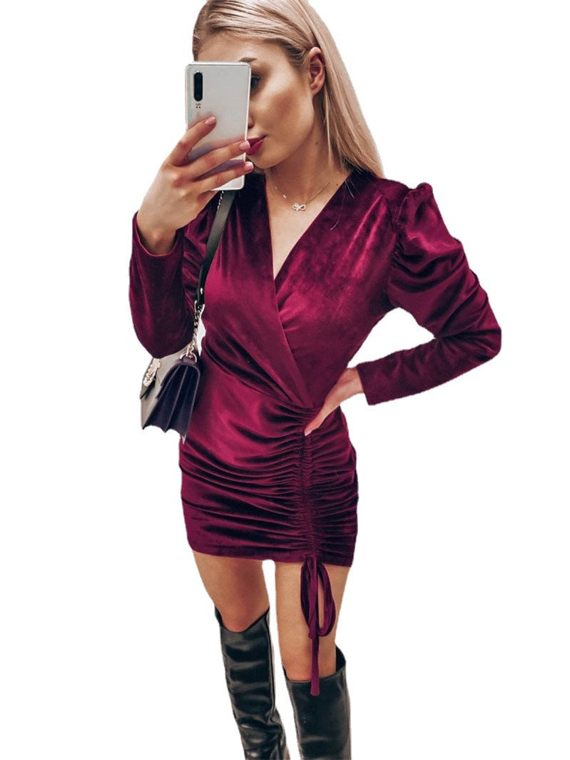 Puff Sleeve V Neck  Slim Pull Rope Wrap Hip Dress