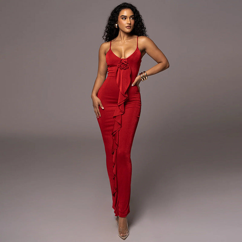 Sling Dress Color Ruffles High Waist Dress