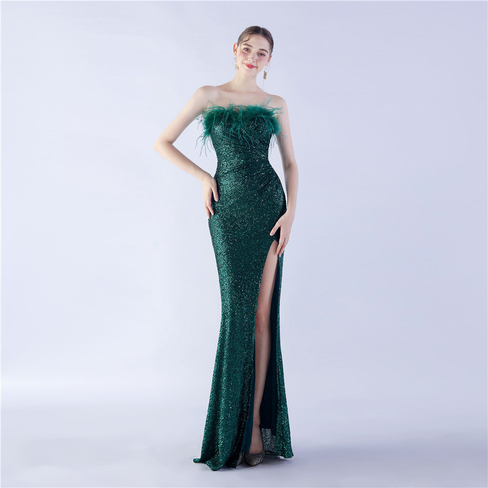 Robe de soirée haut de gamme en plumes d'autruche, rétractable, pliable et froissée