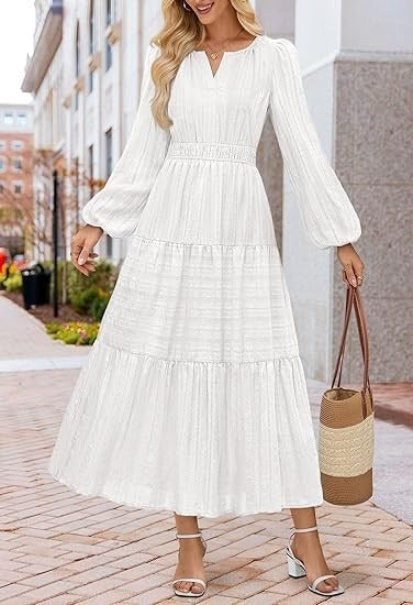 V-neck, Waist-cinched, Layered Puffed-sleeve Dress Fashionable Ruffled Maxi Skirt
