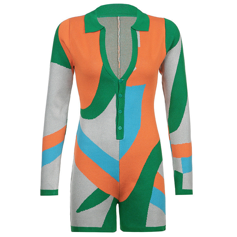 Lapel Color Block Stitching Long-sleeved Jumpsuit