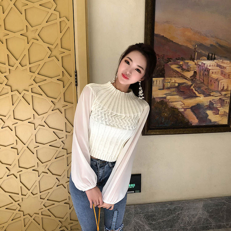 Round Neck Lantern Sleeve Chiffon Patchwork Sweater