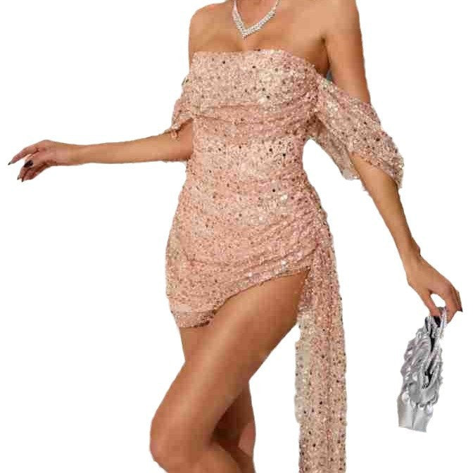 Off-shoulder Sequins Pleated Dress
