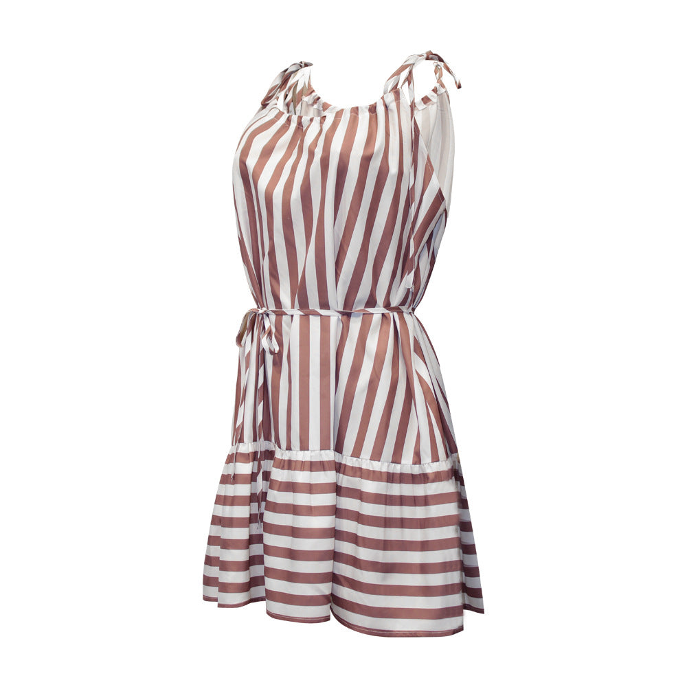 European And American Striped Print Suspender Stitching Casual Dress
