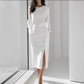 Long-sleeved Round Neck Waist-tie Button-decorated Slit Women's Dress