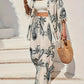 Women's Loose-fit Printed Outfit Cardigan With Fringed Hem And Wide-leg Pants Set