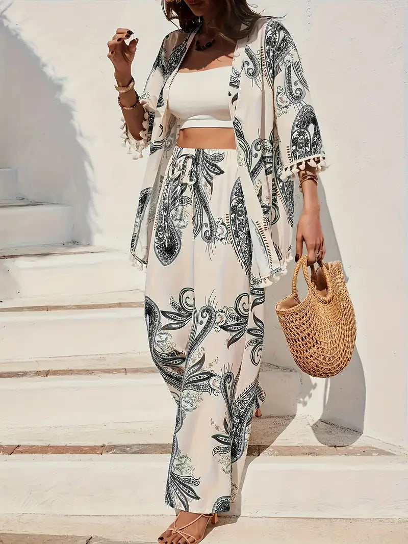 Women's Loose-fit Printed Outfit Cardigan With Fringed Hem And Wide-leg Pants Set