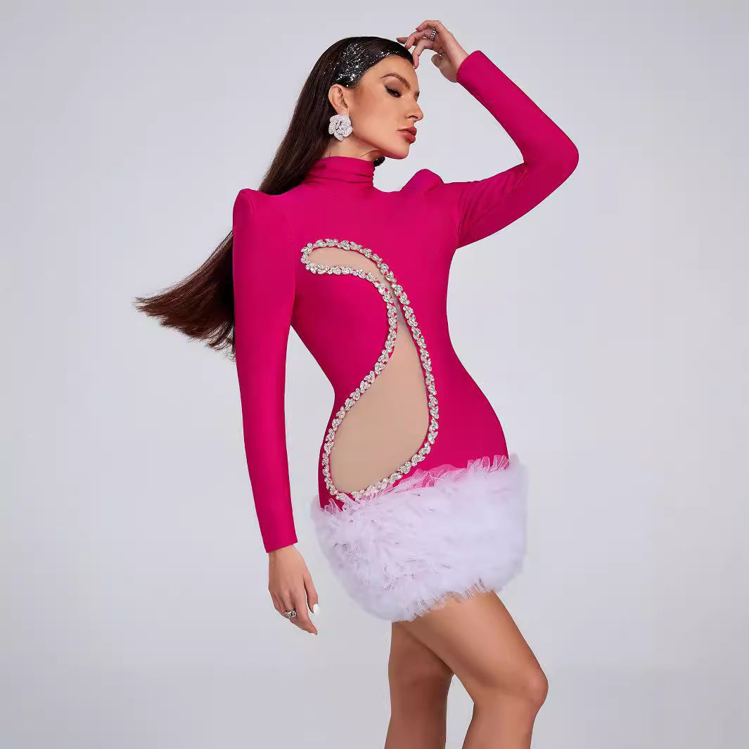 Rose Red Raglan Long Sleeve Ball Gown Dress