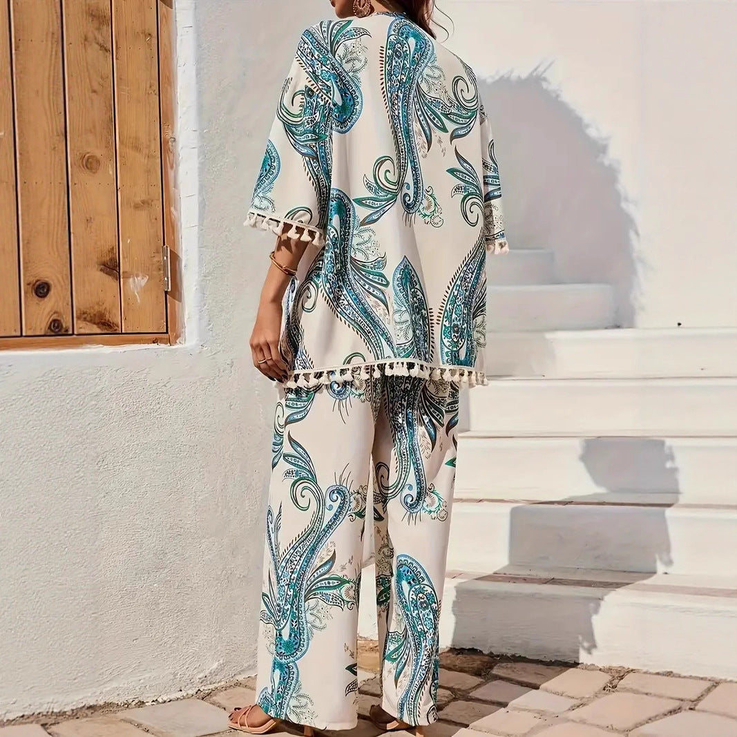 Women's Loose-fit Printed Outfit Cardigan With Fringed Hem And Wide-leg Pants Set