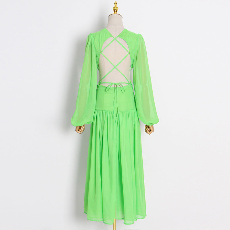 V-neck Long-sleeved Low-waist Lace-up Dress