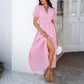Leisure Commute Vacation Style V-neck High Waist Short Sleeve Split Dress Women