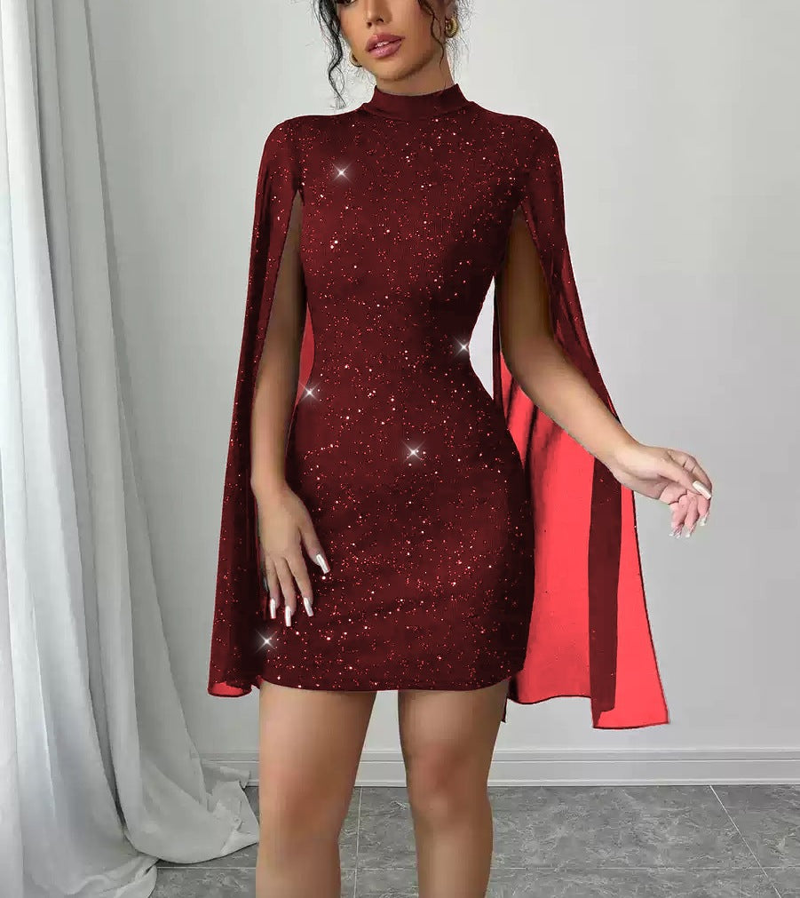 Womens Sequin-embellished Shawl-sleeve Dress With Long Sleeves
