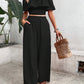Ladies' Tropical Printed Off Shoulder Top With Lace Trim And Wide Leg Pants Set