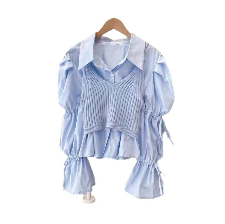 Suspender Shirt Two-piece French Bell Sleeve Short Top For Women