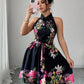 Women's Casual Printed Waist-Cinching Halter-Neck Lace-Up Dress