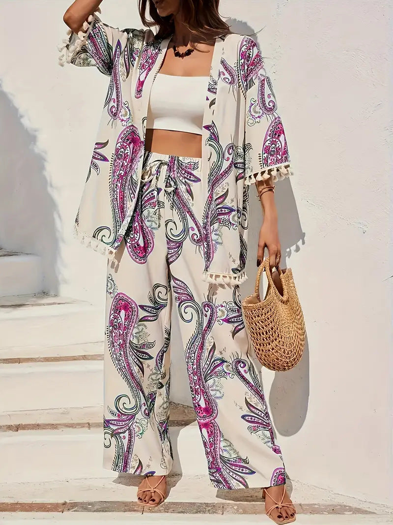 Women's Loose-fit Printed Outfit Cardigan With Fringed Hem And Wide-leg Pants Set