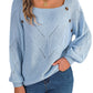 Button Solid Color Hollow-out Lantern Sleeve Sweater