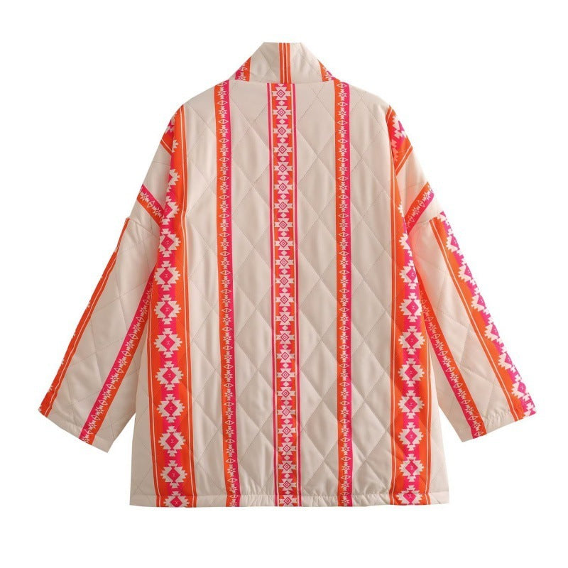 Printed Without Buckle Thin Pocket Cotton Coat Jacket Women