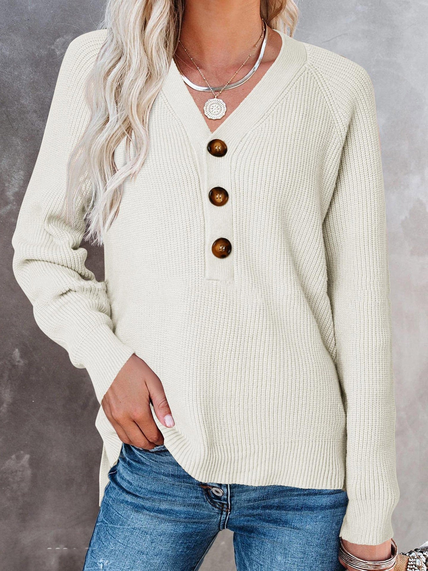New Button New Knitted V-neck Sweater Women