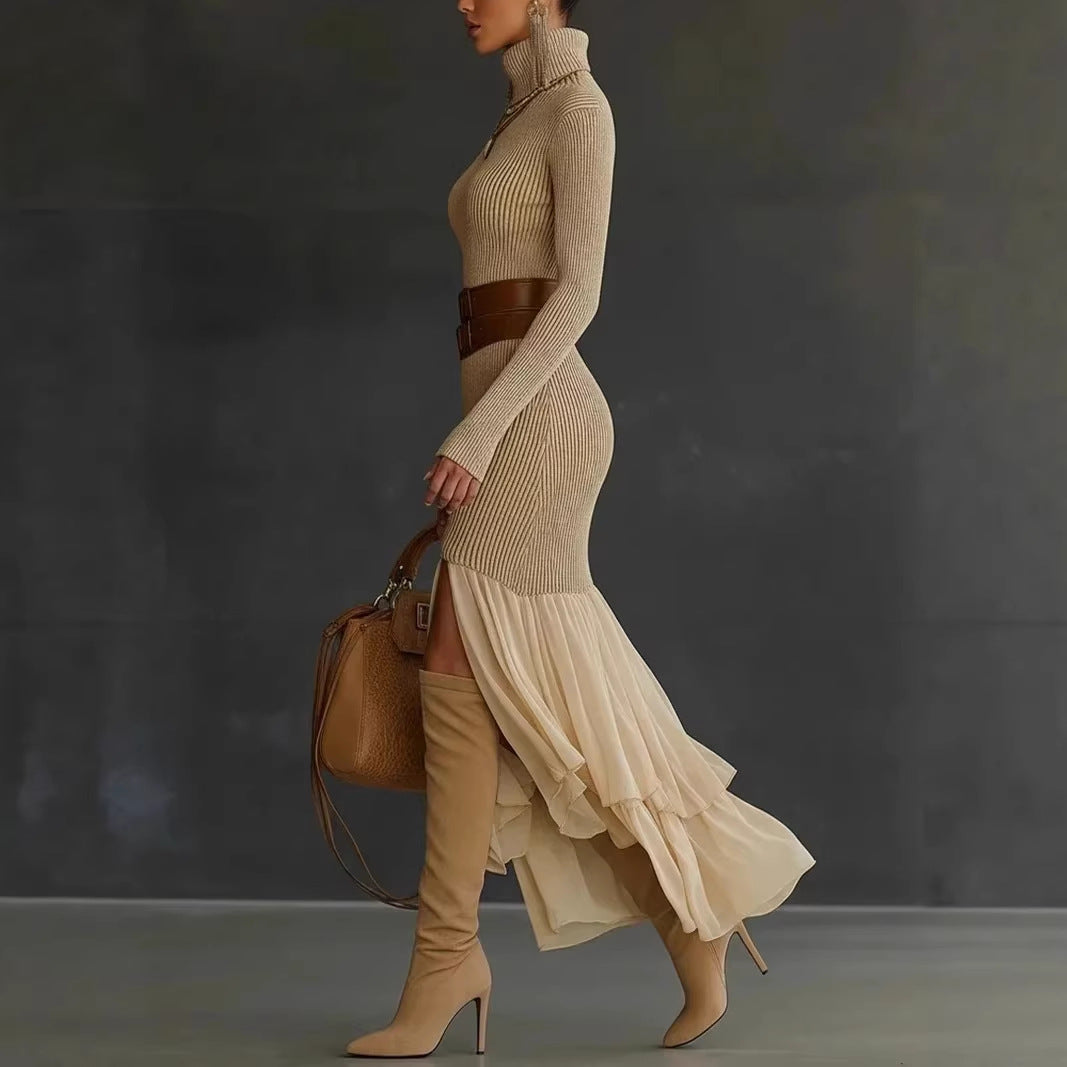Womens High-neck Ribbed Midi Dress For Spring Autumn And Winter European And American Style
