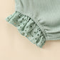 Girls' Flounced Sleeve Buttons Sunken Stripe Cotton Shorts Suit