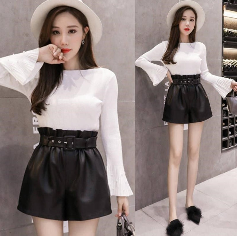 Short en cuir PU taille haute élastique pour femme, automne et hiver