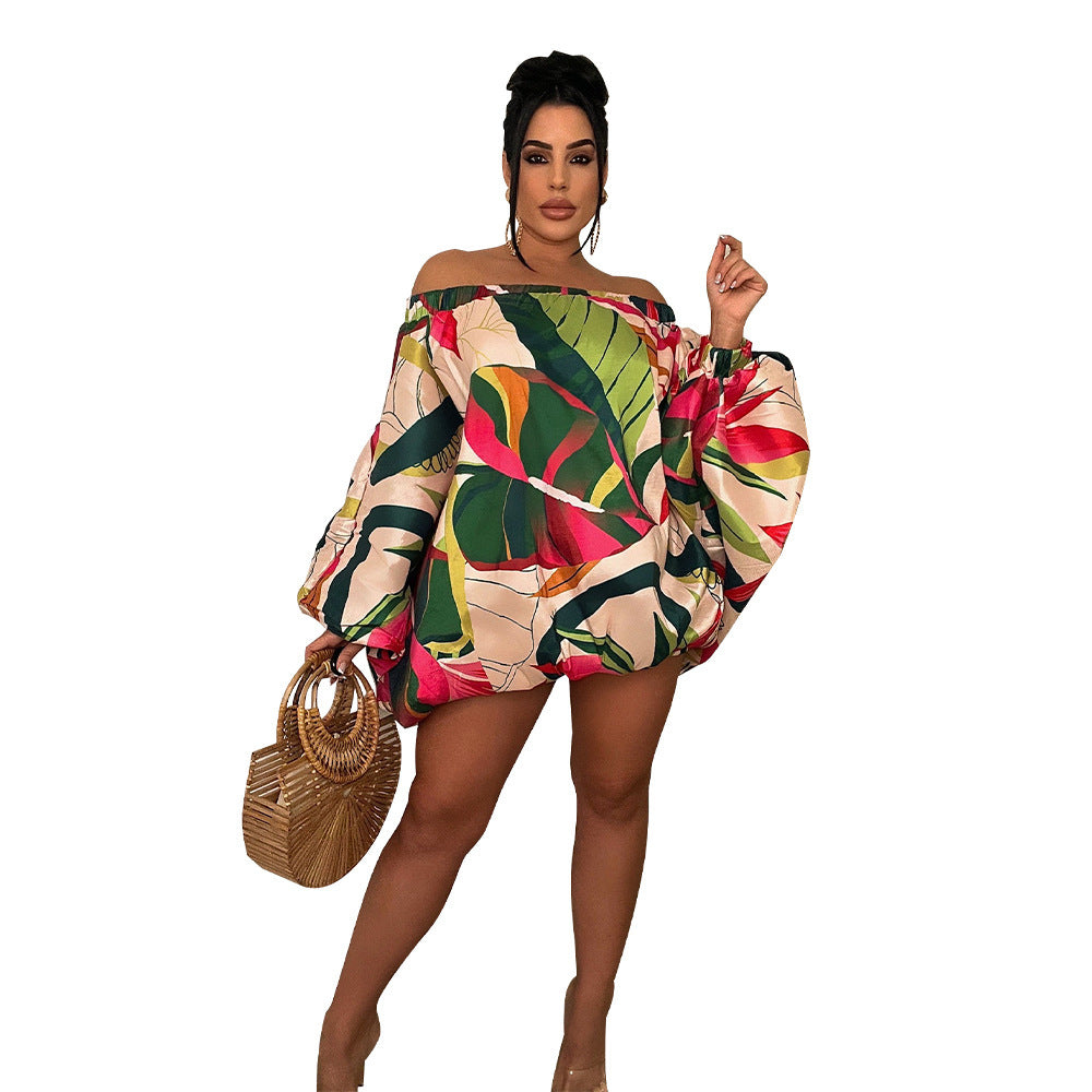 Robe courte imprimée à épaules dénudées et manches chauve-souris en polyester pour femme