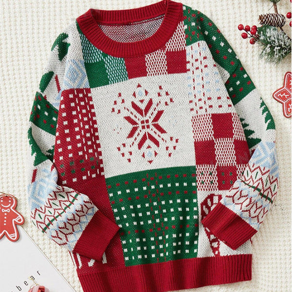 Pull col rond en jacquard motif sapin de Noël et élan pour femme