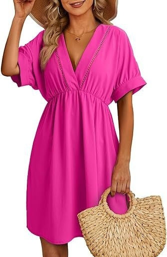 Chemisier de maillot de bain pour femme, robe à manches courtes et col en V ajouré