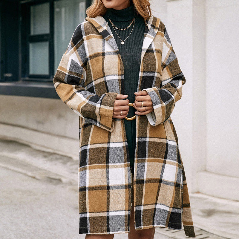 Loose Casual Checked Midi Belted Hooded Trench Coat