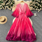 Waist Trimming Lace Up Loose V-neck Flared Sleeves Gradient Color Dress